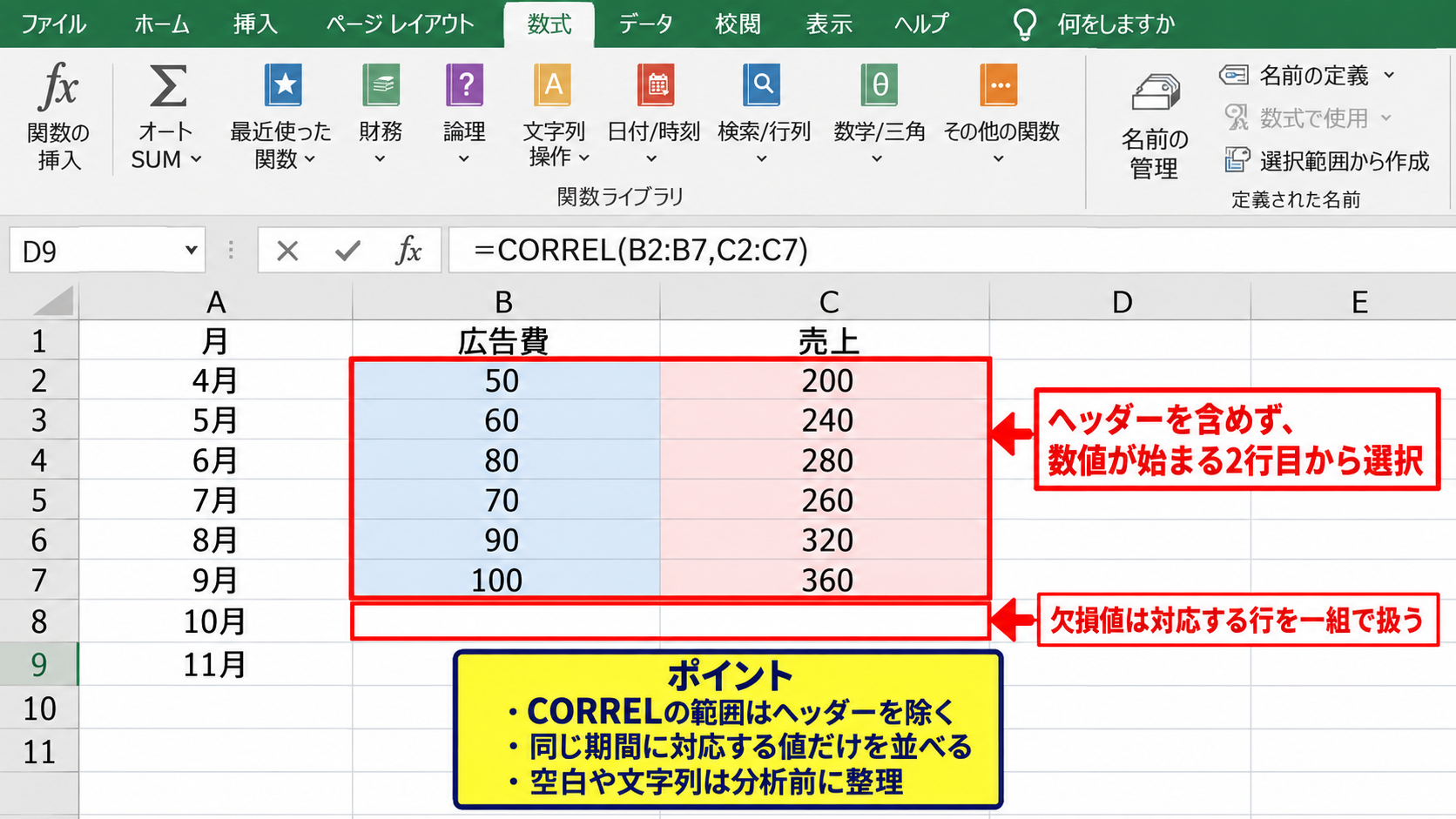 エクセルで相関係数を求める方法 - データ範囲を選ぶ際の注意点