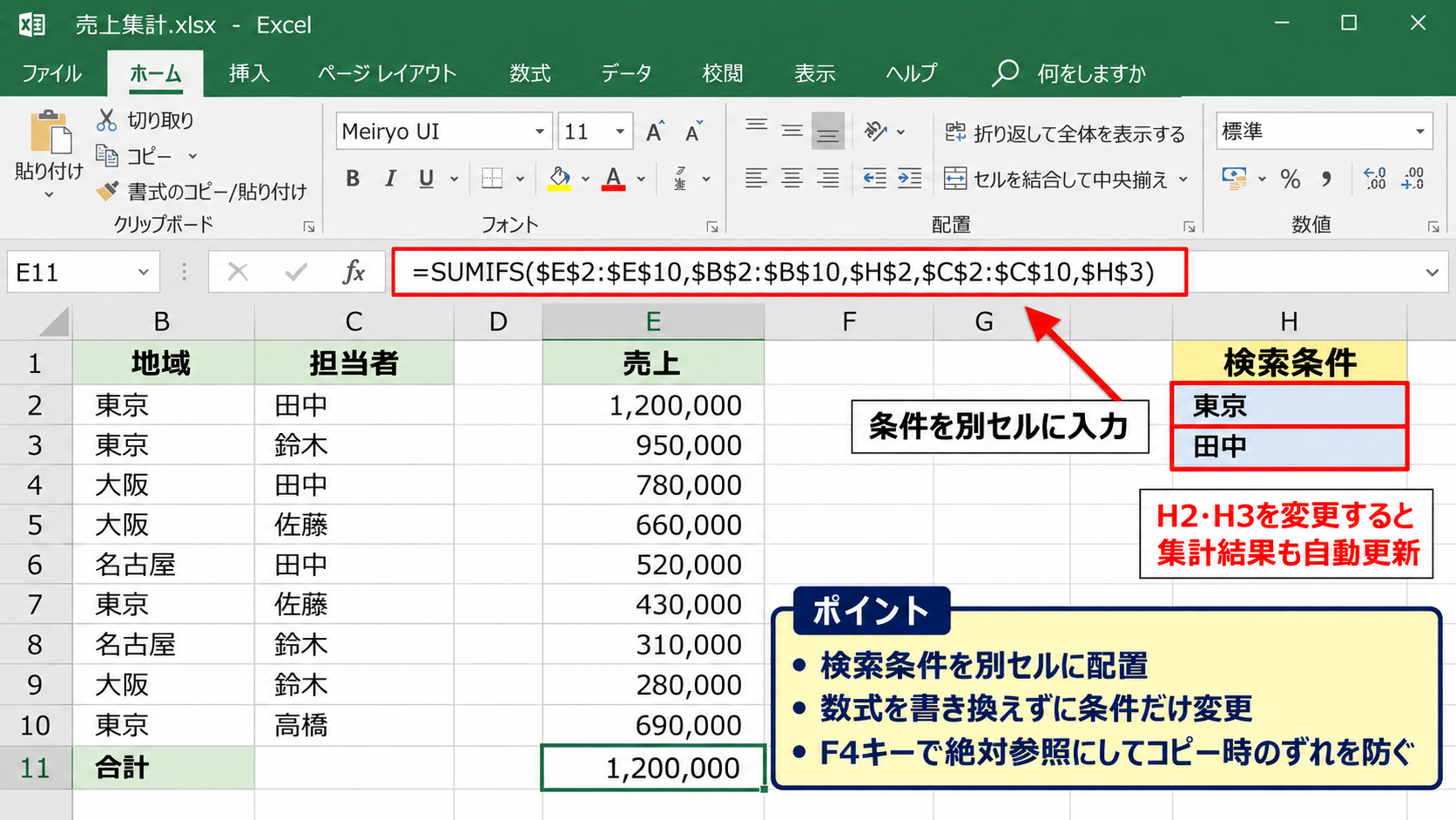エクセルSUMIFS関数の基本構文と複数条件集計 - セル参照を使った複数条件の入力