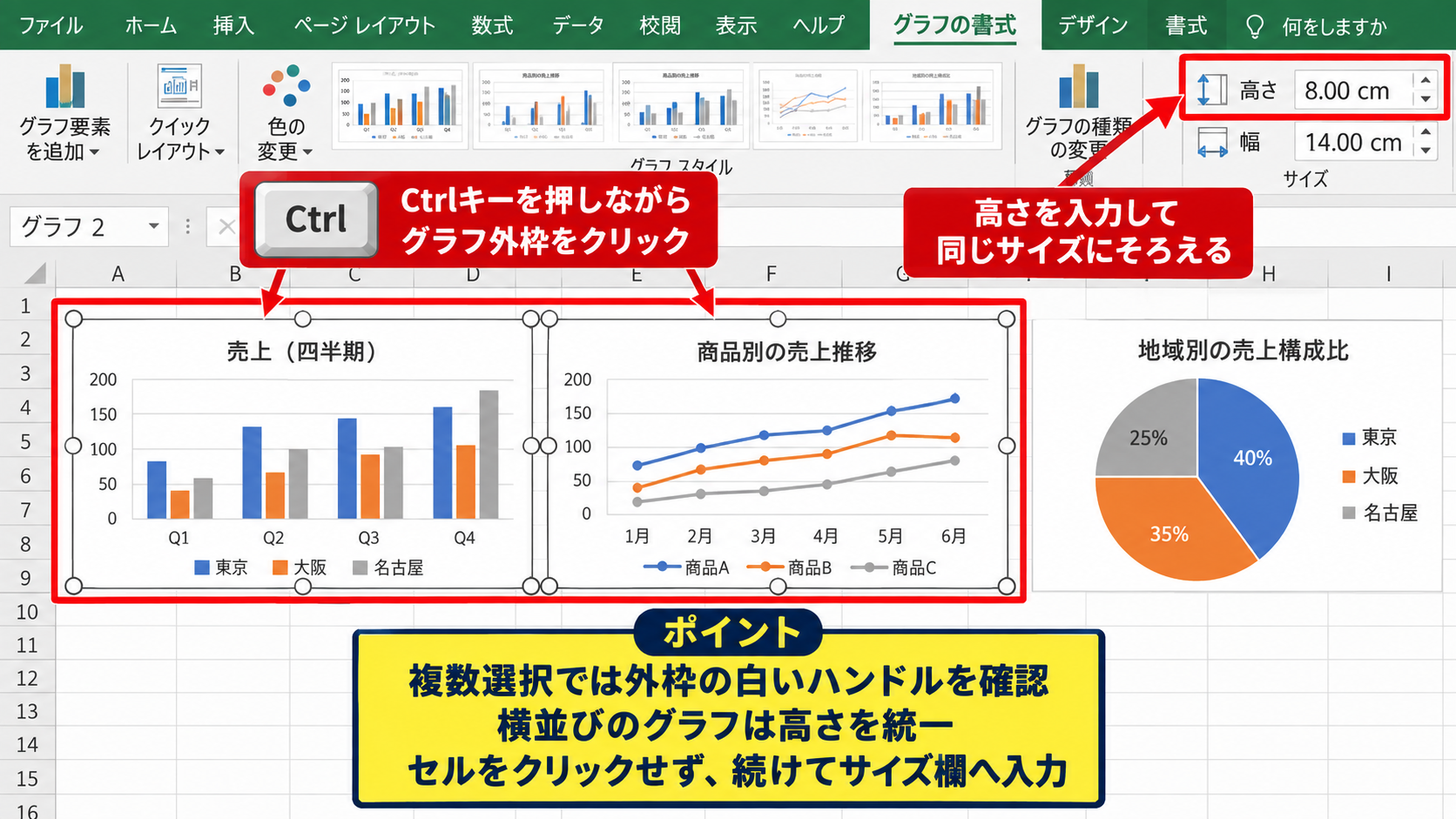 エクセルでグラフの大きさを揃える方法 - 複数グラフの同時選択