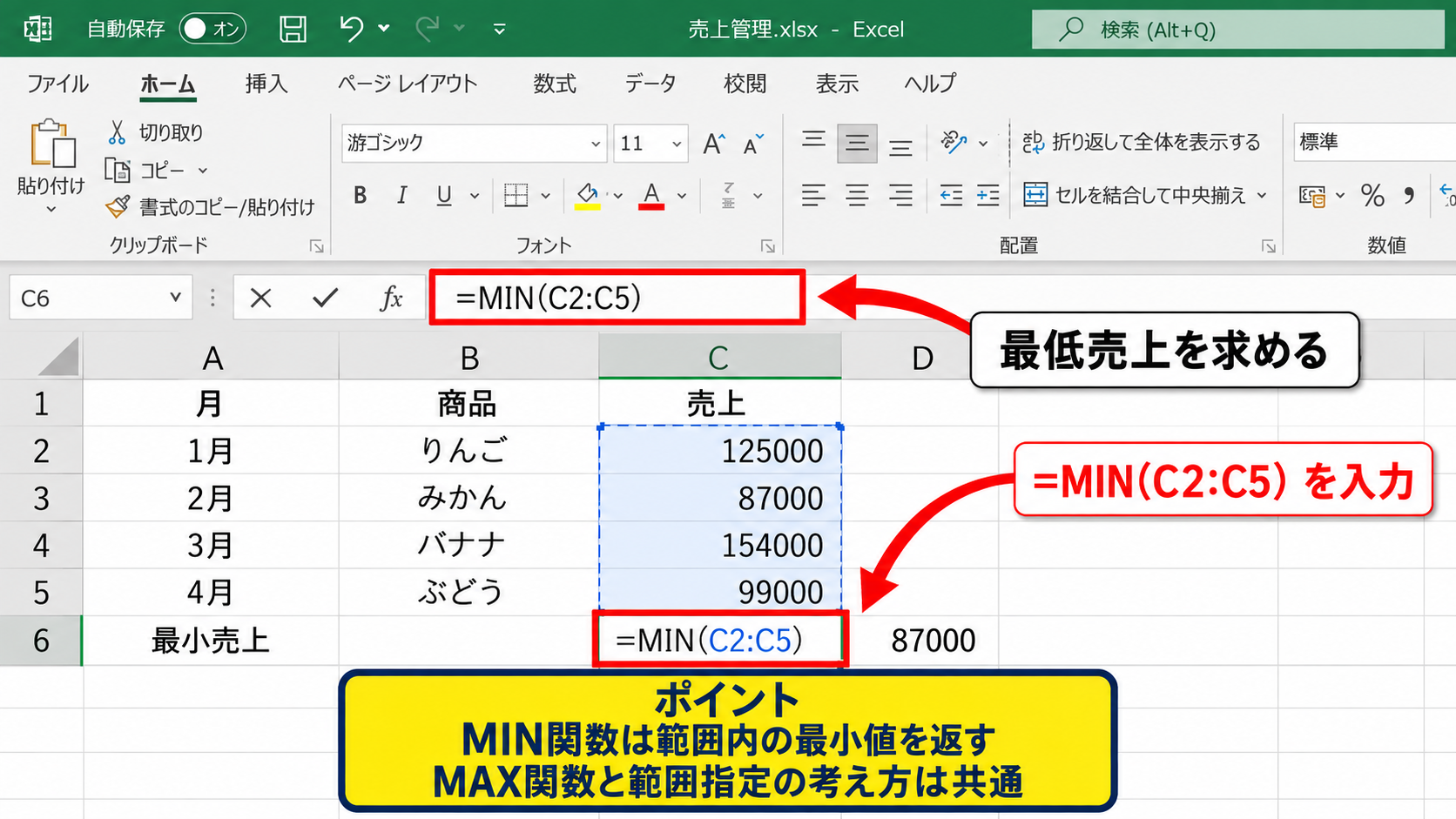 MAX関数とMIN関数による最大値・最小値の算出 - MIN関数の基本構文