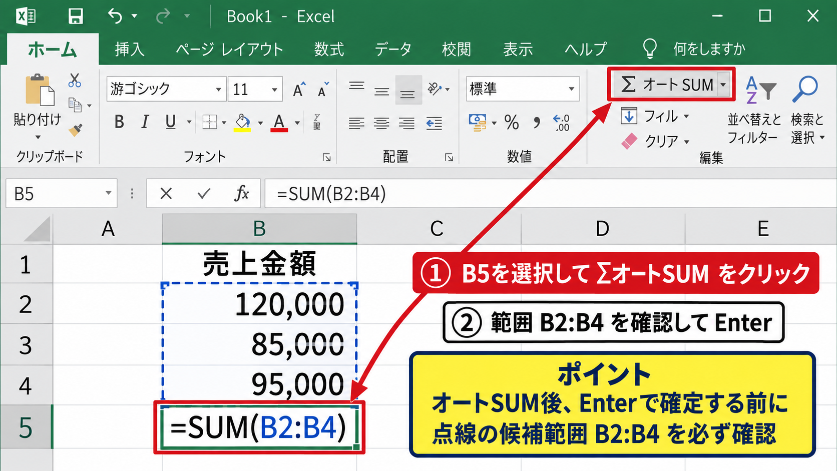 オートSUMによる表の合計金額 - ホームタブのオートSUMボタン