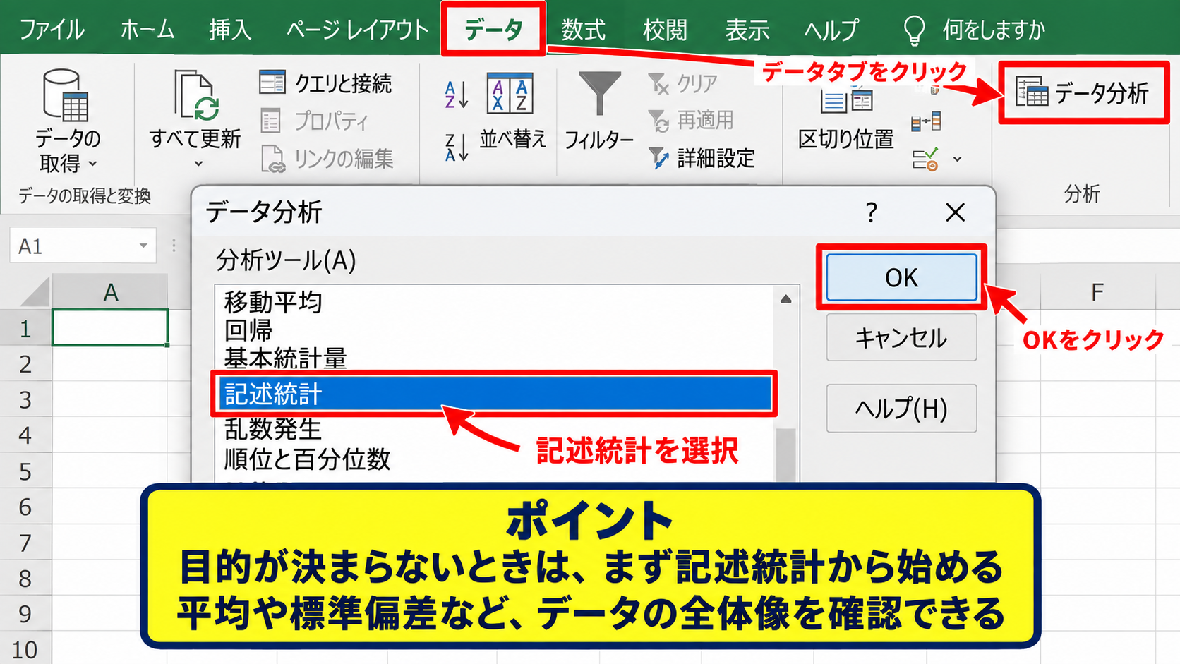 データタブの分析ボタンを開く操作 - データ分析ダイアログの表示