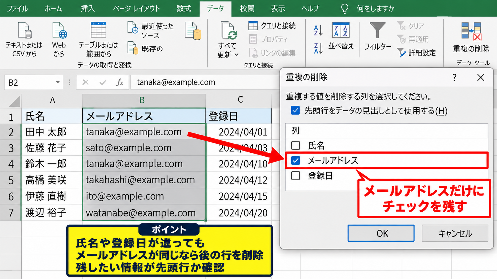 列を基準にした重複データの整理 - メールアドレスだけを重複判定する操作