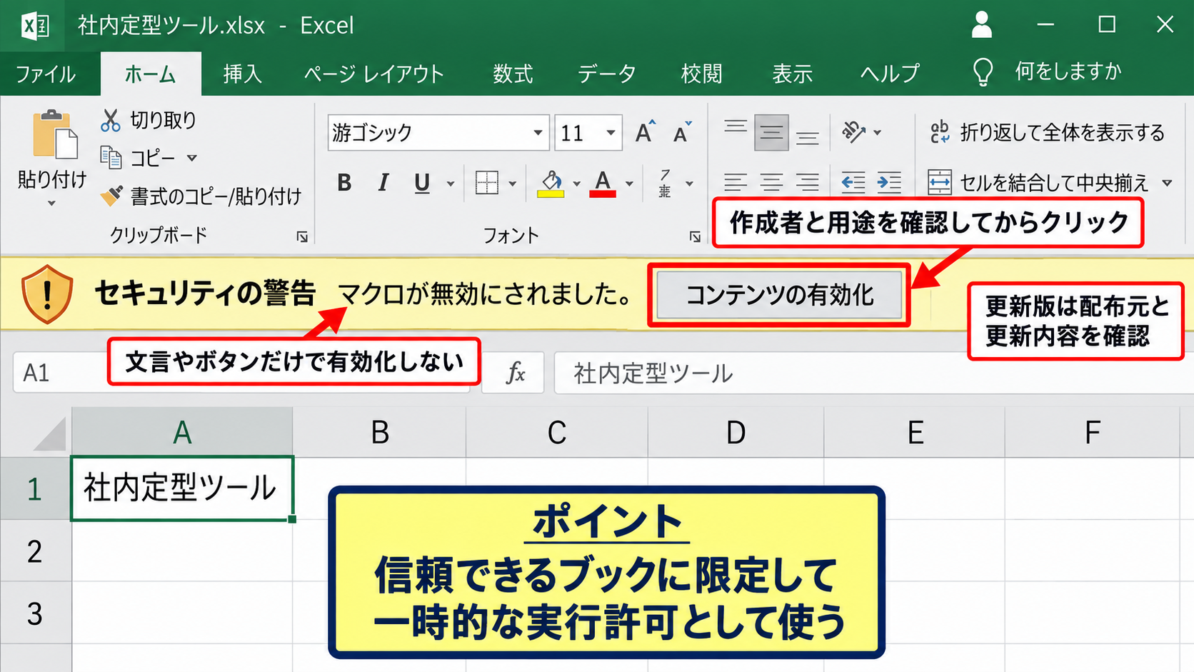 コンテンツの有効化によるマクロ実行 - セキュリティ警告バーの判断