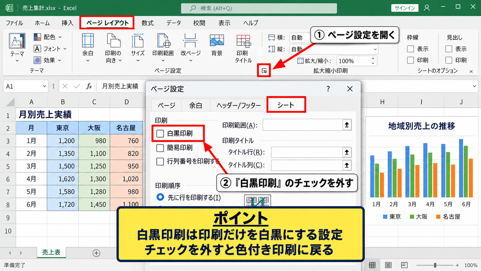 Excelの白黒表示とページ設定 - ページ設定の白黒印刷