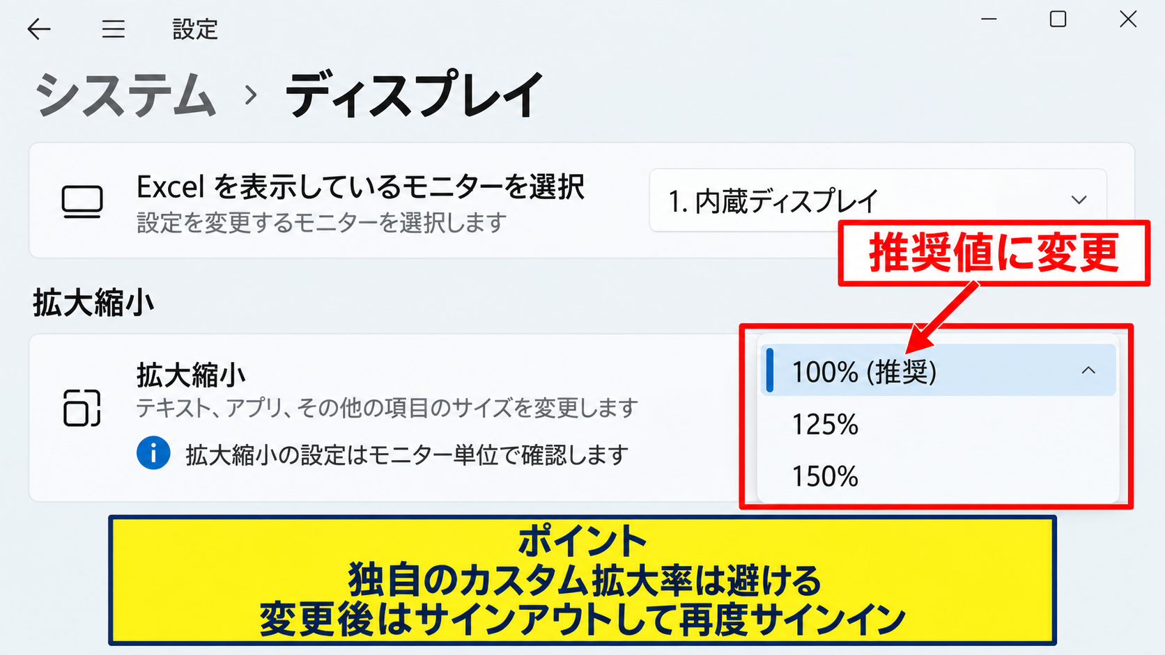 Windowsの拡大縮小設定と外部モニター - 設定アプリのディスプレイ拡大率