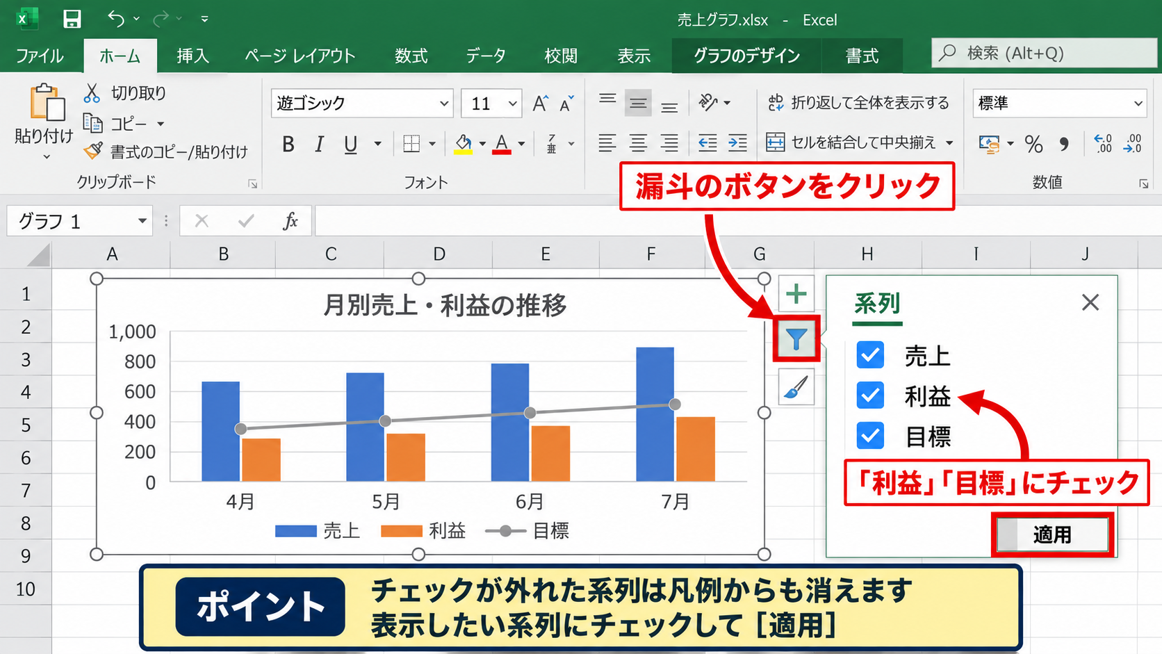 グラフフィルターと系列選択の確認 - グラフフィルターボタン