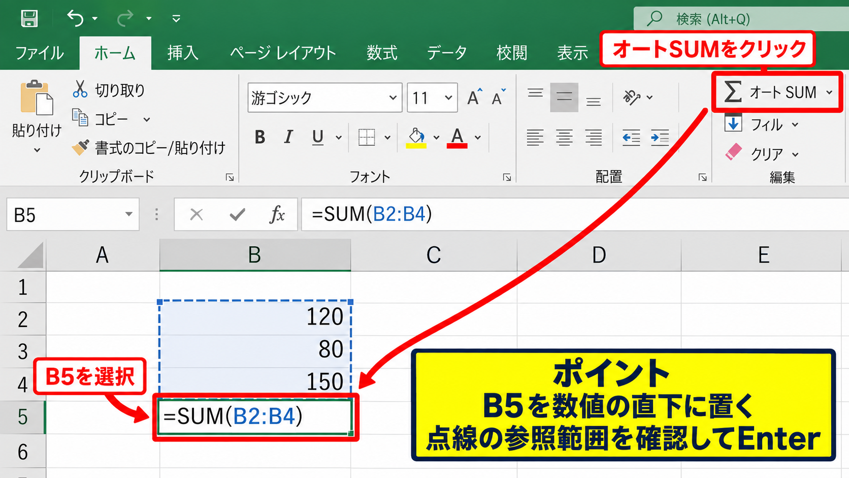 オートSUMによる合計範囲の指定 - ホームタブからのオートSUM実行