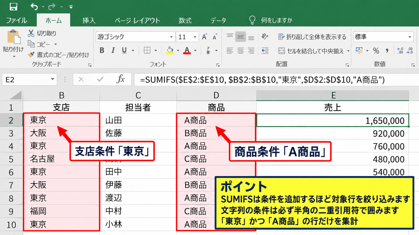 SUMIFS関数によるAND条件の指定 - 文字列を組み合わせるAND条件