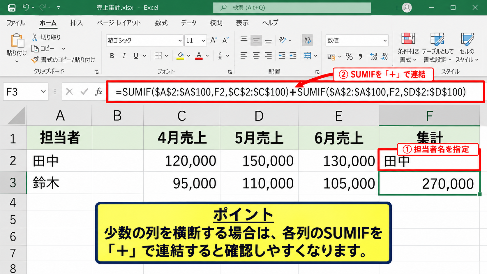 エクセルSUMIFで複数列を合計する数式 - SUMIFを足し算でつなぐ方法