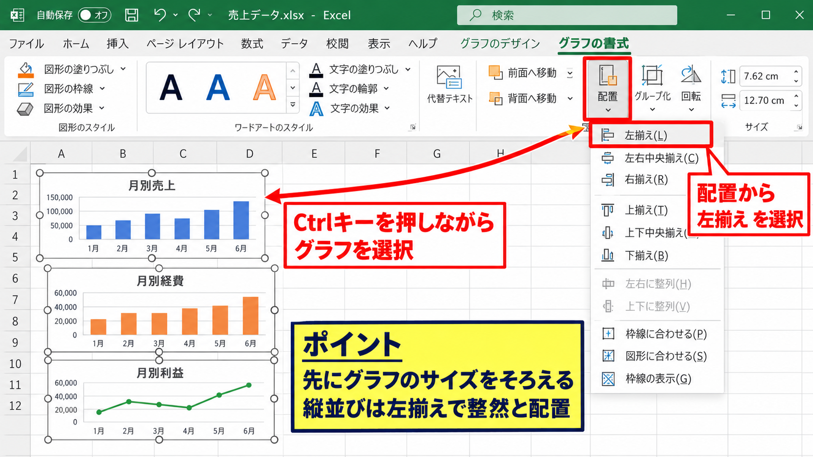 複数グラフの位置と配置 - 左右と上下の整列