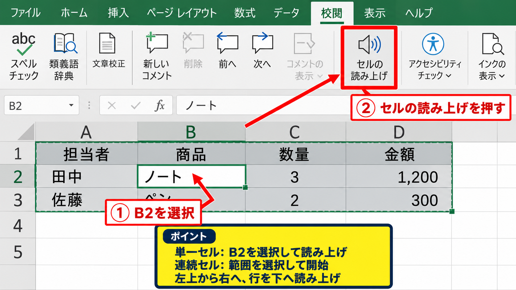 セル範囲の読み上げ操作【選択セル・行・列の確認】 - 単一セルと連続セルの読み上げ