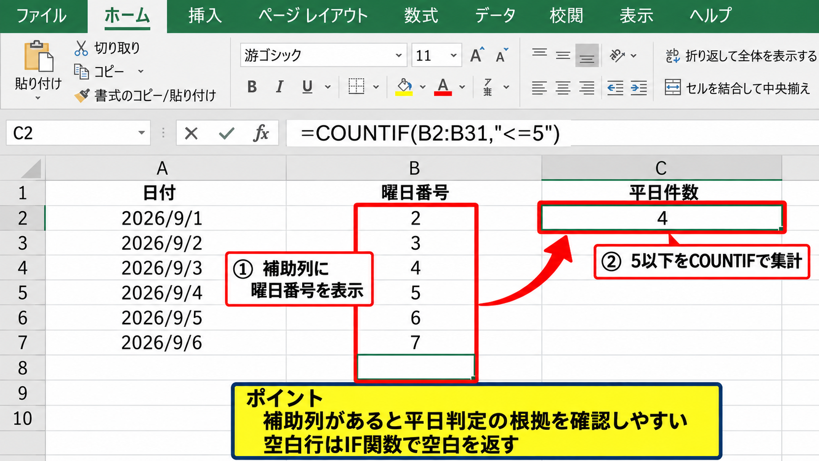 曜日を除外して平日のみを数える方法2【COUNTIFS関数】 - 補助列を使った平日件数の集計