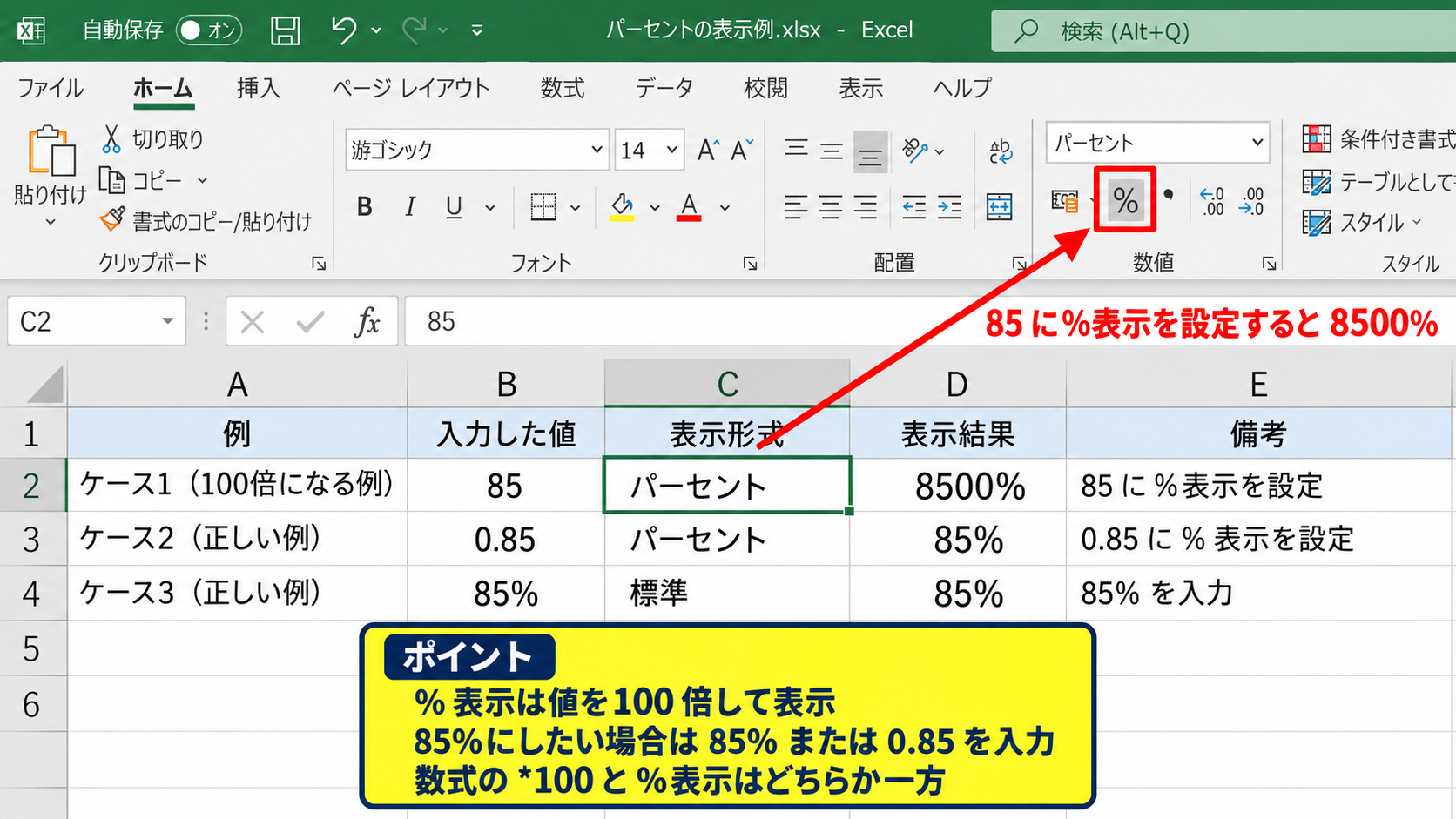 パーセント表示への変更操作 - 表示が百倍になる原因