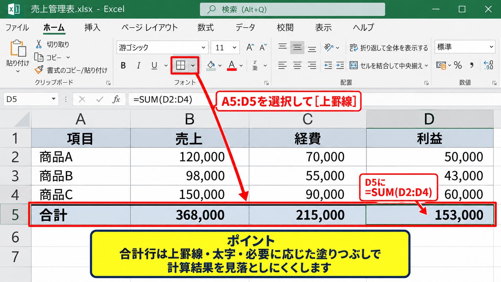 セルに罫線を付けて表を見やすくする方法【格子と外枠】 - 合計行の強調