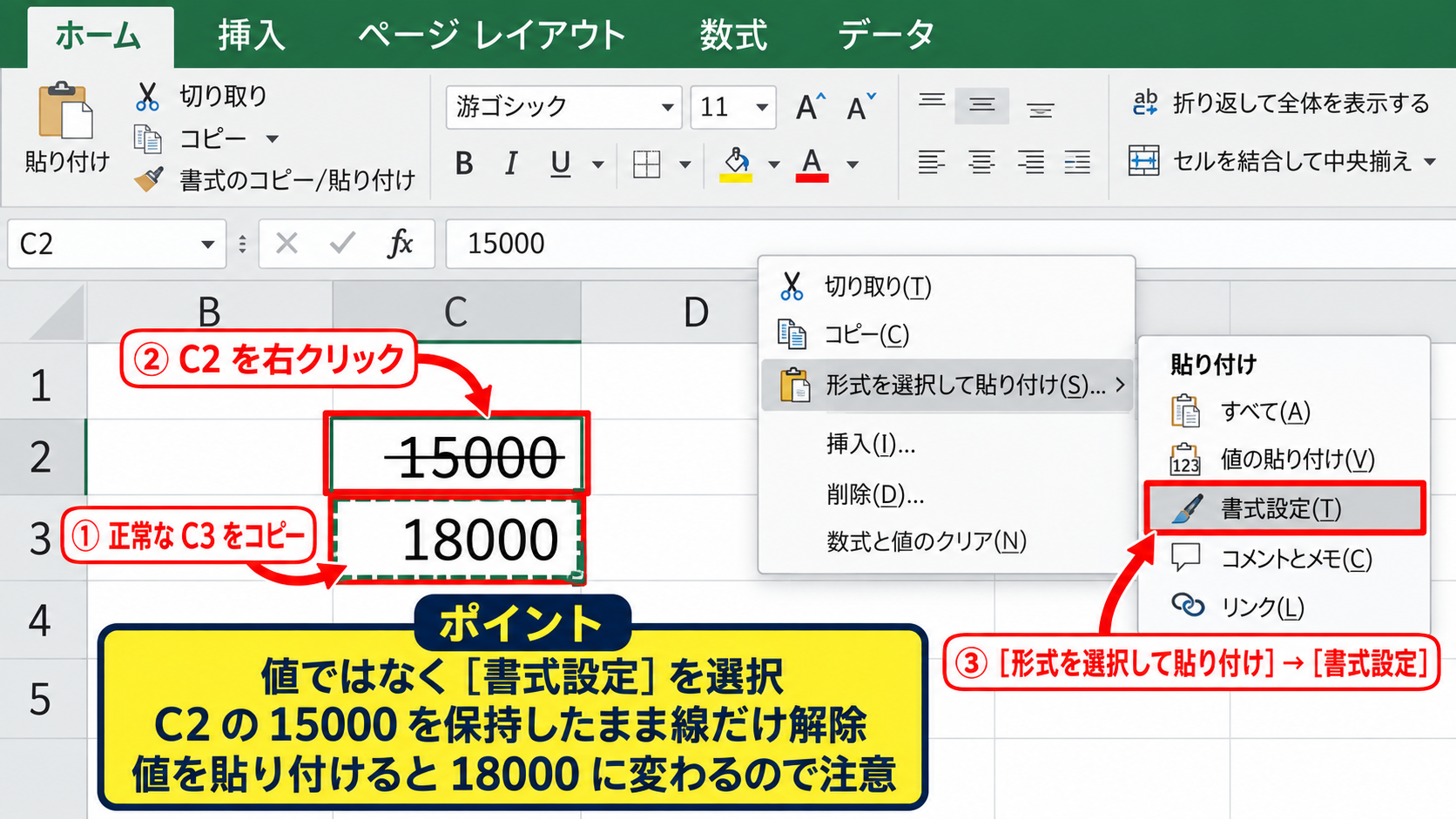 セルの書式設定による表示の確認 - 書式のコピーによる解除