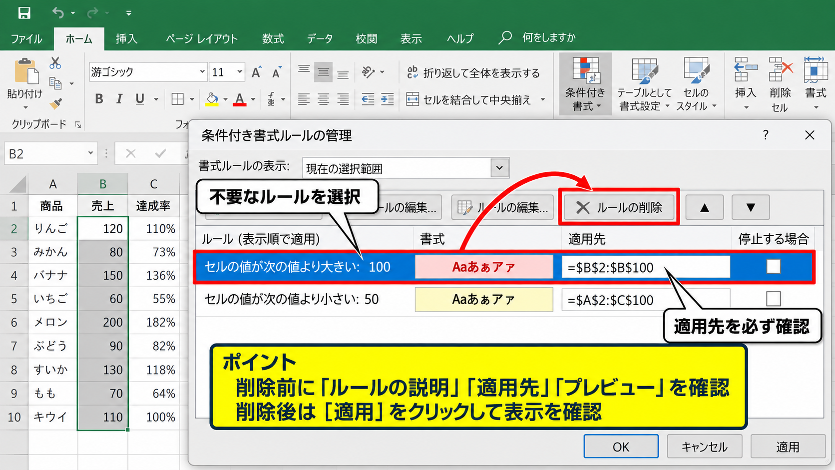 条件付き書式のルール管理画面による削除 - 不要なルールの削除
