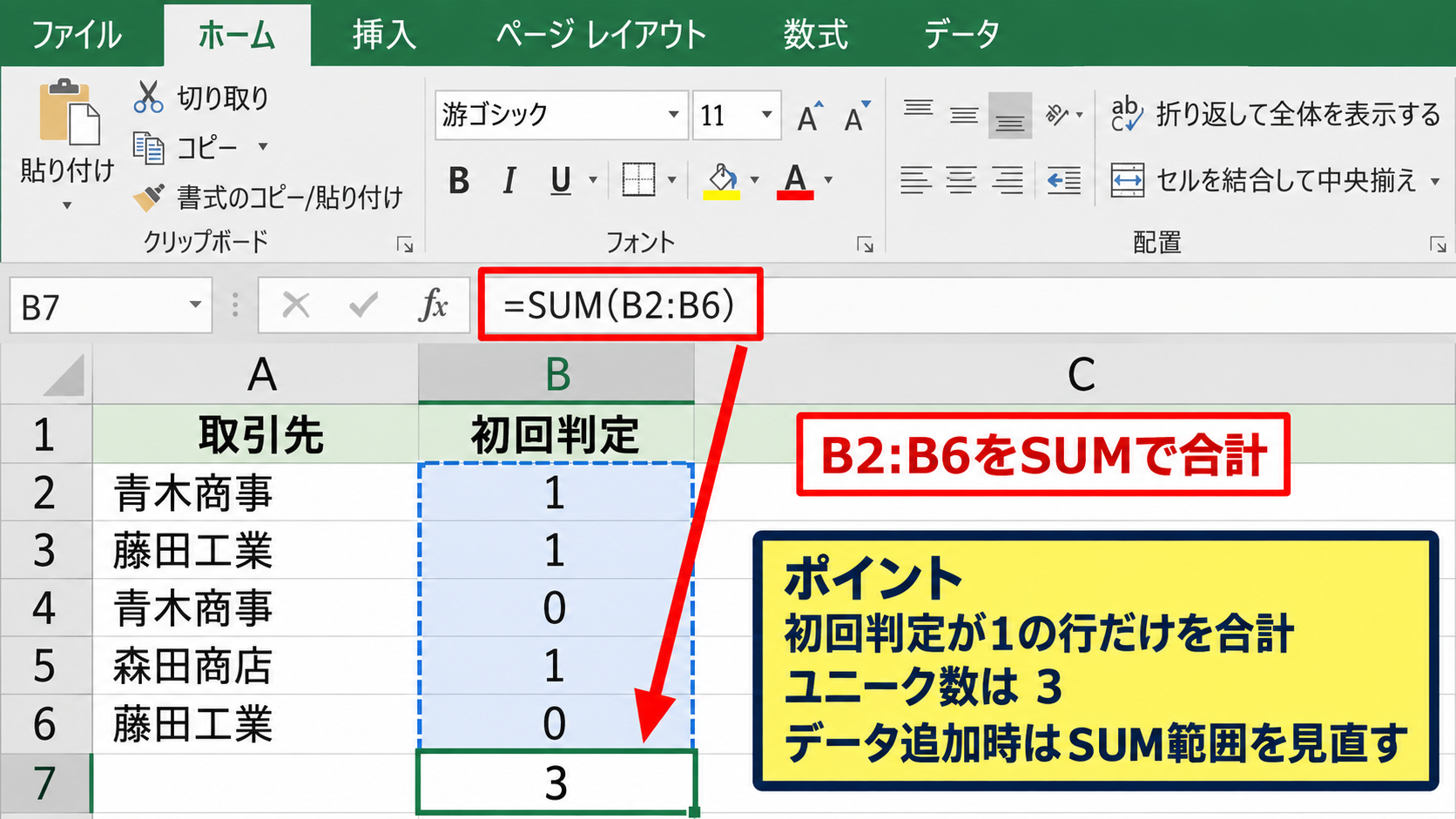 COUNTIF関数を使った重複なしカウント - SUM関数で初回判定の合計を集計する方法