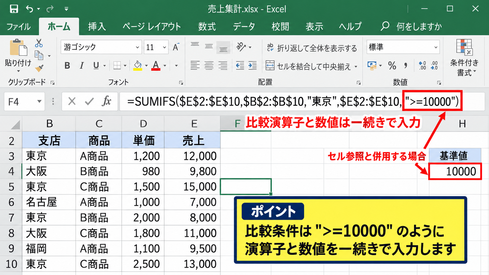 SUMIFS関数によるAND条件の指定 - 数値と比較演算子を組み合わせる条件