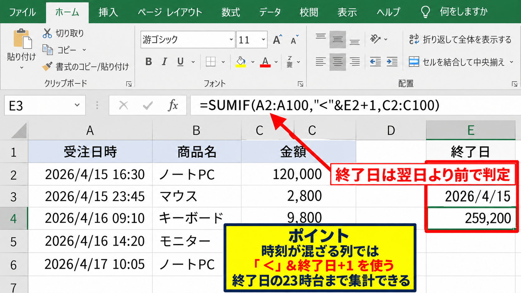 SUMIFで指定日以前の金額を合計する方法 - 時刻付きデータでの終了日指定
