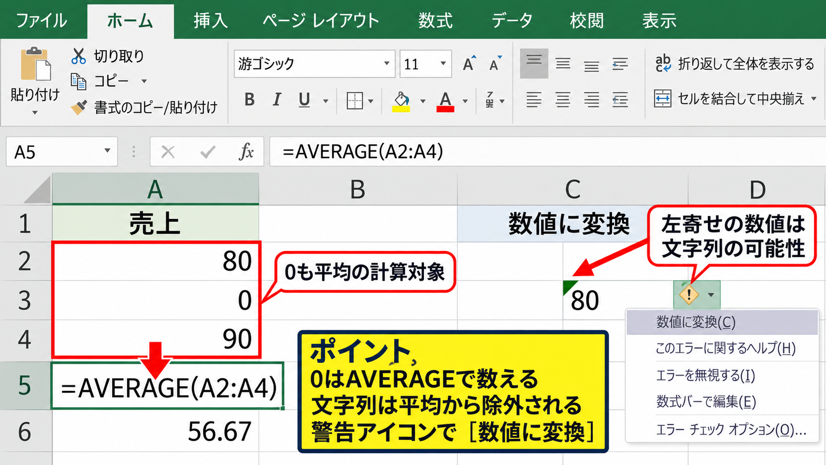 AVERAGE関数で対象になるセルとならないセル - ゼロと文字列の扱い