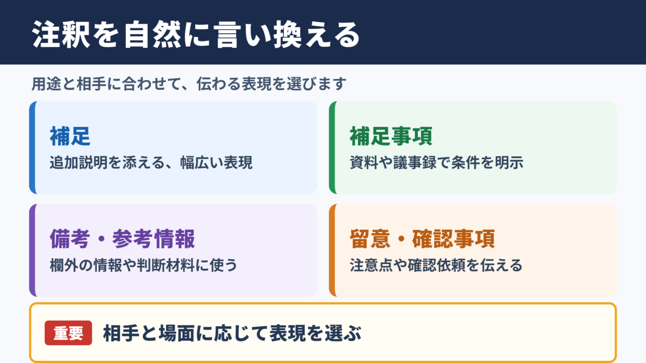 注釈の言い換え一覧表とビジネスでの使い分け