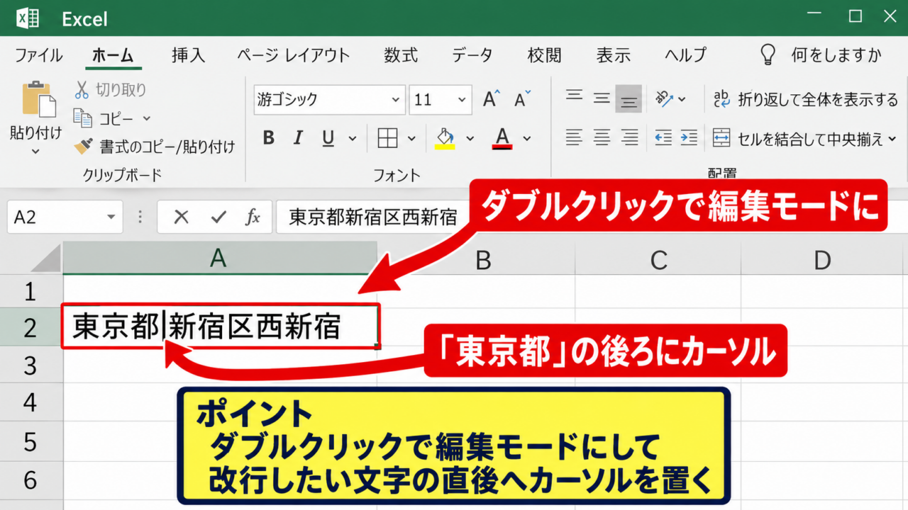 エクセルでセル内改行を入れる方法1【Alt＋Enterによる直接入力】 - 編集モードでカーソルを置く操作
