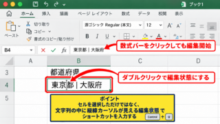 Macでセル内改行を入力する方法 - セルを編集状態にする操作