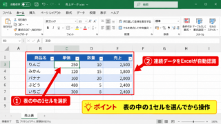 エクセルで表をテーブル化する方法【挿入タブから作成】 - データ範囲の選択