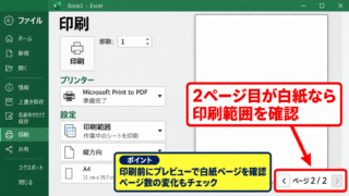 エクセルで空白ページを削除する方法1【印刷範囲のクリアと再設定】 - 印刷プレビューによる白紙ページの確認