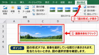 エクセルで図を圧縮する方法【図の形式から実行】 - 図を選択して図の形式タブを表示する操作
