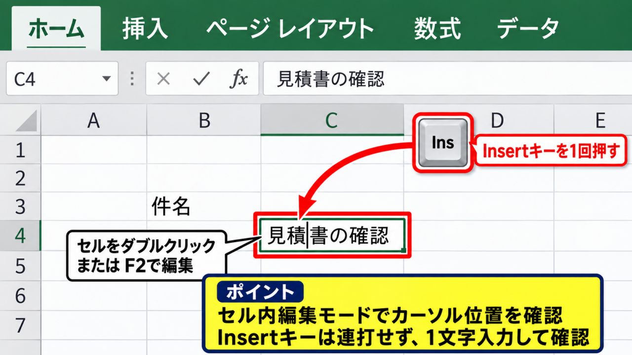 上書きモードを解除して文字を挿入する操作 - Insertキーによる上書き入力の切り替え