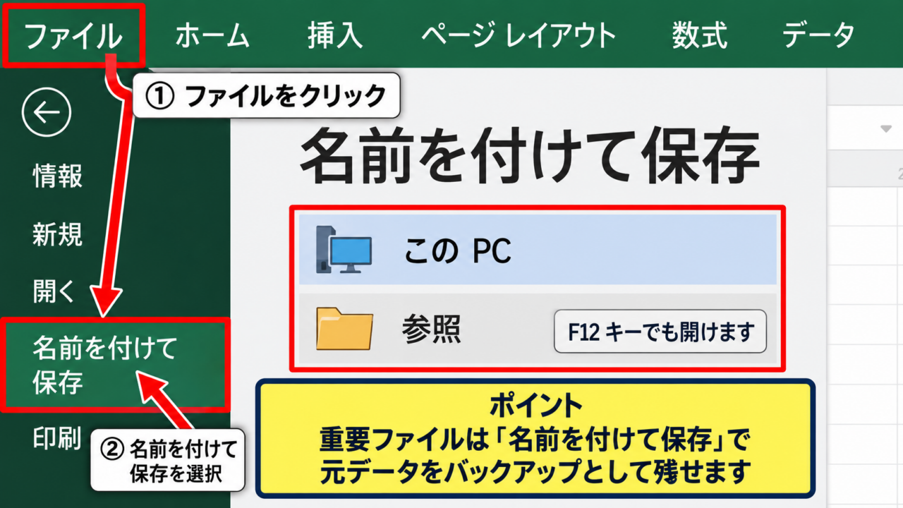 エクセルで名前を付けて保存する方法 - ファイルタブからの保存操作