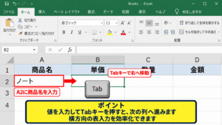 エクセルでセルを右に移動する基本ショートカット - Tabキーによる入力確定後の右移動