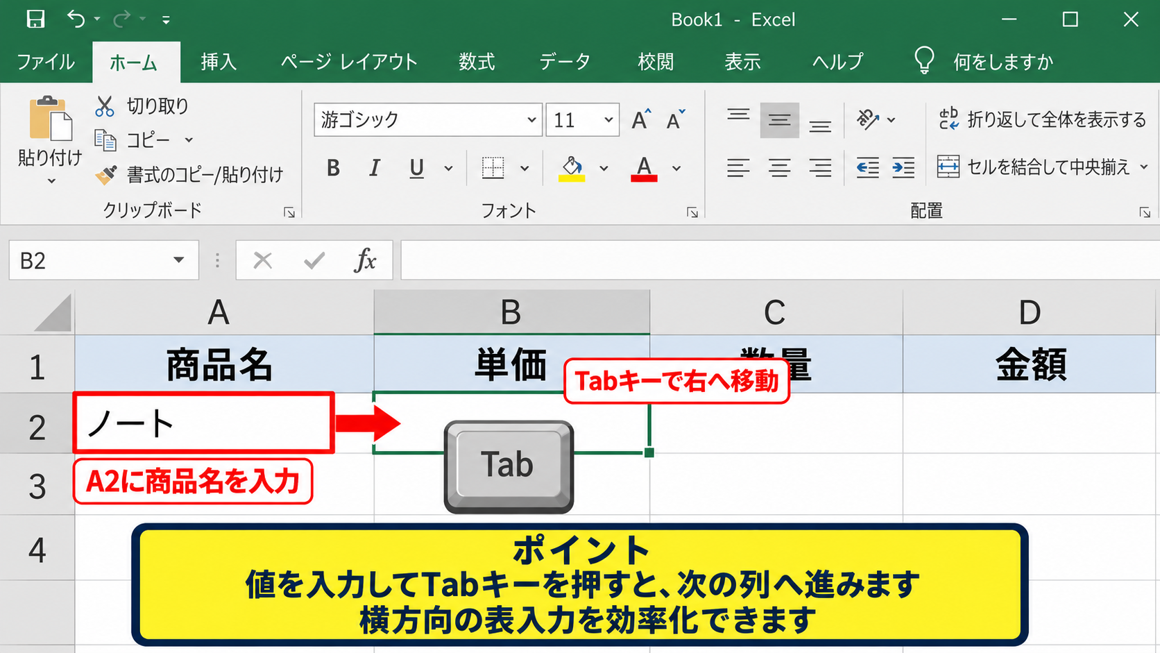 エクセルでセルを右に移動する基本ショートカット - Tabキーによる入力確定後の右移動
