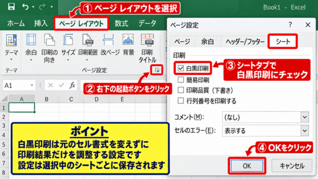 エクセルの色を印刷しない方法1【ページ設定で白黒印刷】 - ページレイアウトタブからの設定手順