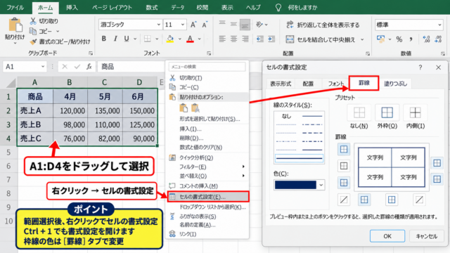 エクセルの枠線の色を変える基本操作 - セル範囲の選択と書式設定画面