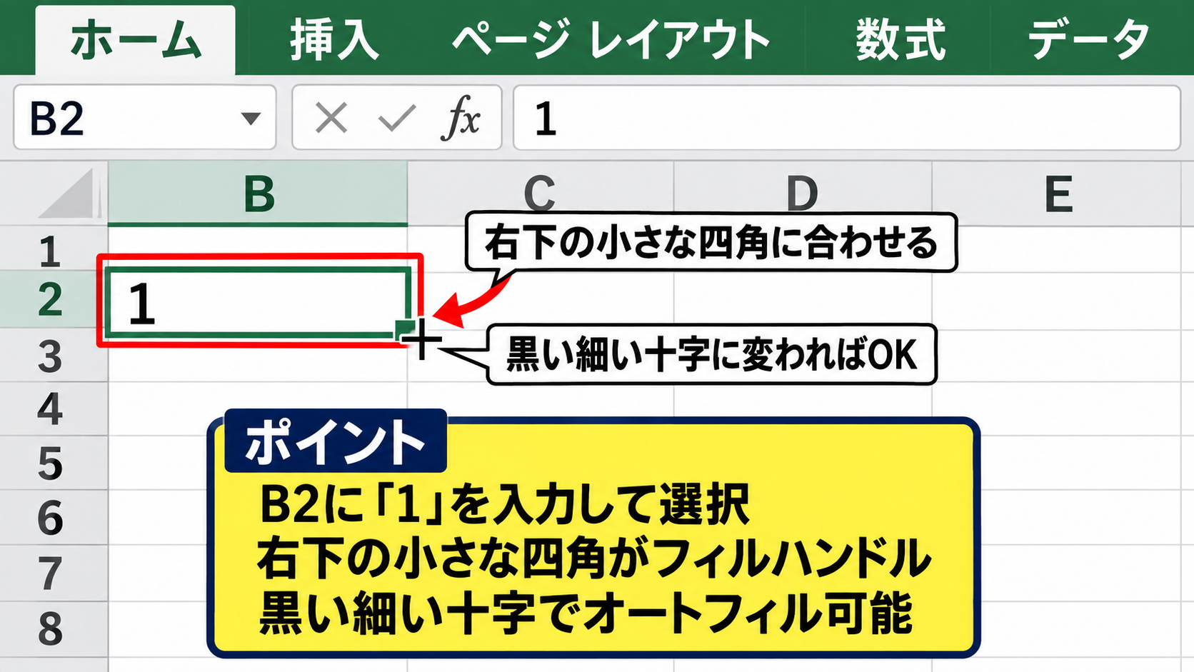 エクセルでオートフィルを使う基本操作 - フィルハンドルの位置