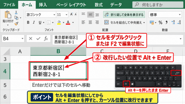 エクセルでセル内改行するショートカット操作 - AltキーとEnterキーによる改行入力