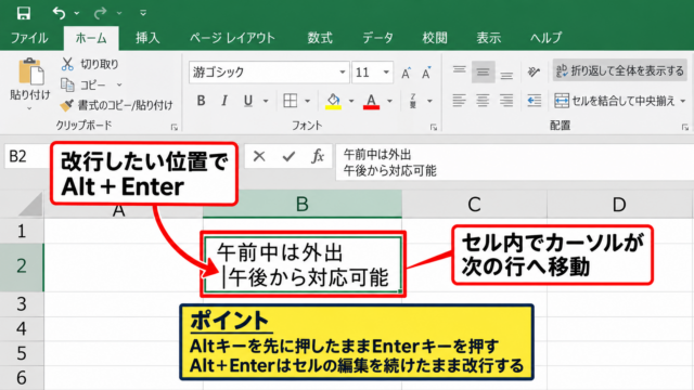 エクセルでセル内改行を入力する方法【Alt＋Enter】 - セルを編集状態にしてAlt＋Enterを押す操作
