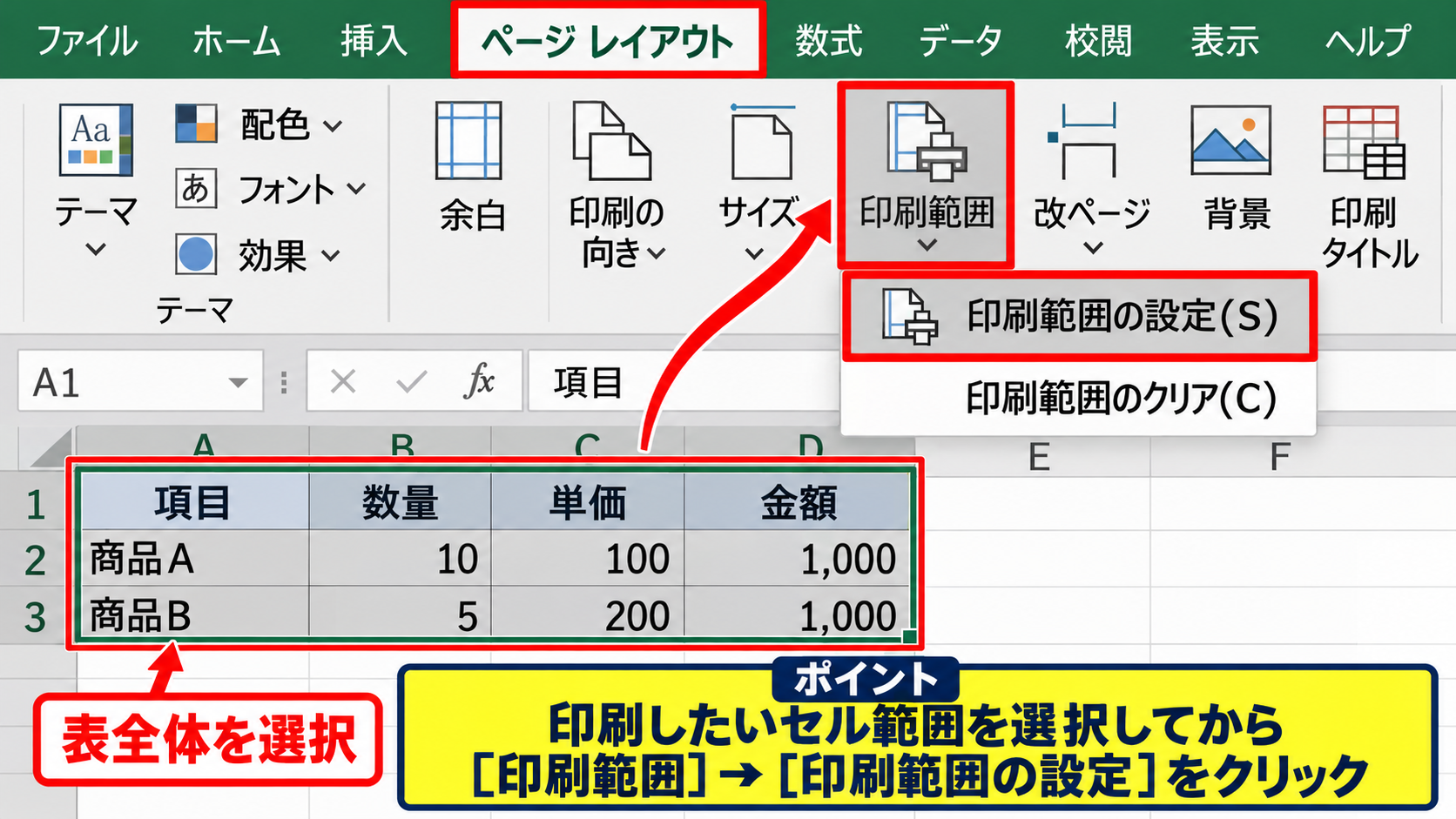 エクセル印刷ではみ出る場合の印刷範囲の設定方法 - 表全体を選択して印刷範囲を設定する操作