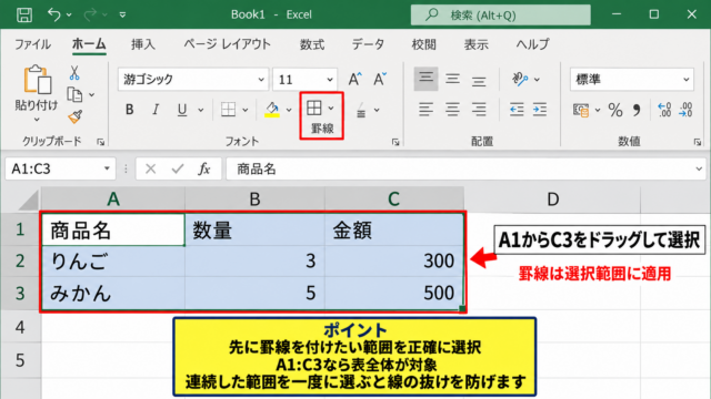エクセルで表に区切り線を入れる方法 - 罫線を付けるセル範囲の選択