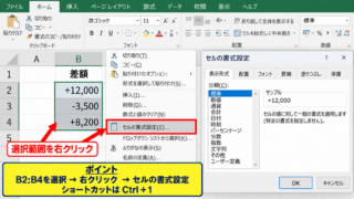 エクセルで正負記号を付ける表示形式【基本操作のポイント】 - セルの書式設定を開く手順