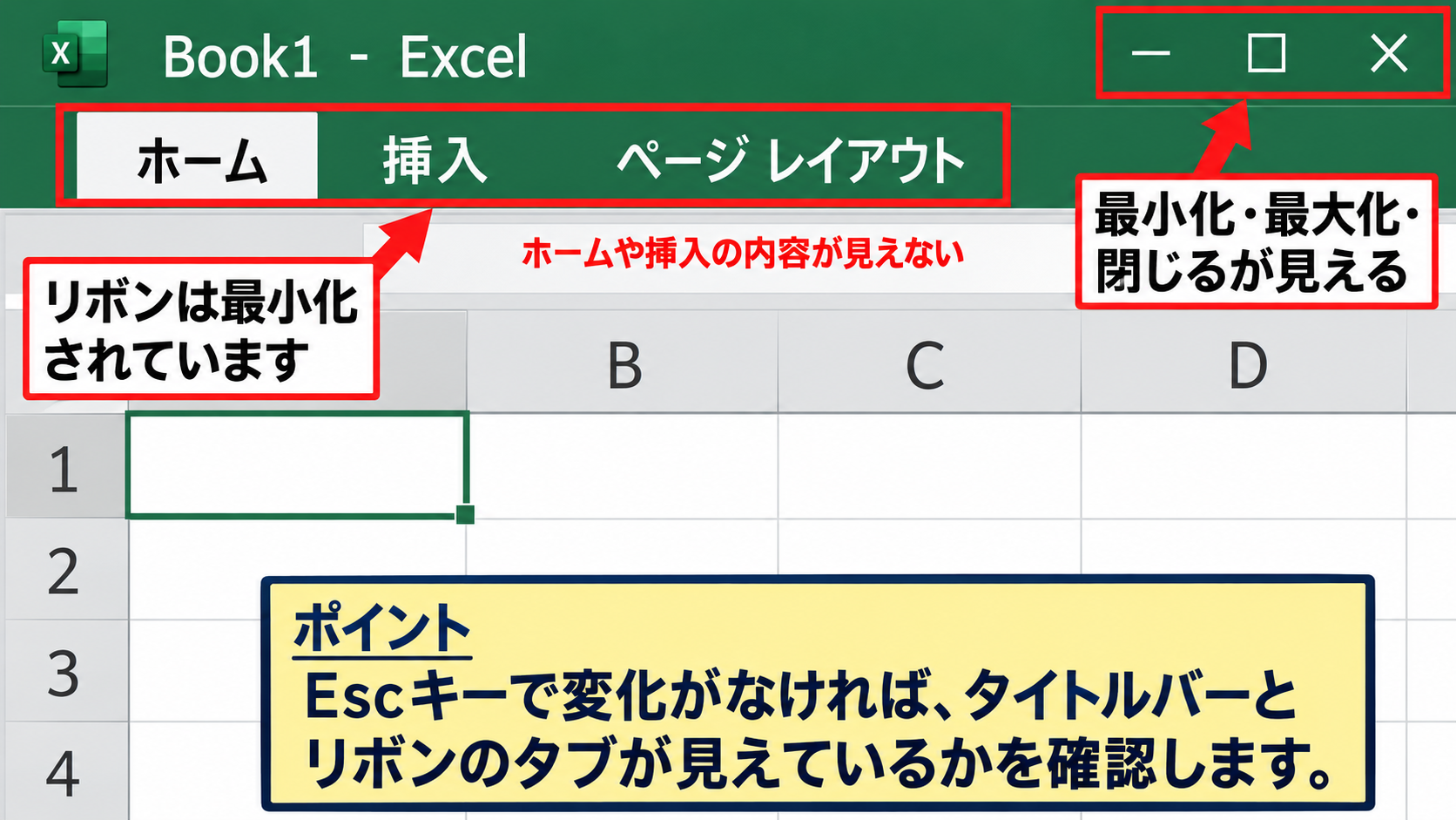 エクセルの全画面表示をEscキーで解除する操作 - Escキーで戻らない場合の確認