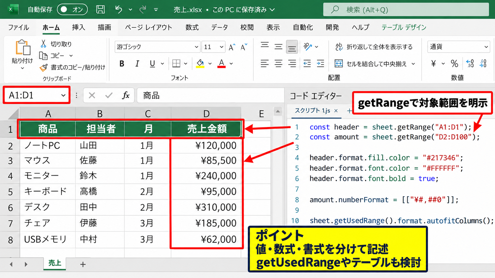 Excel JavaScript APIによるセル操作の基本 - 書式と範囲選択の指定