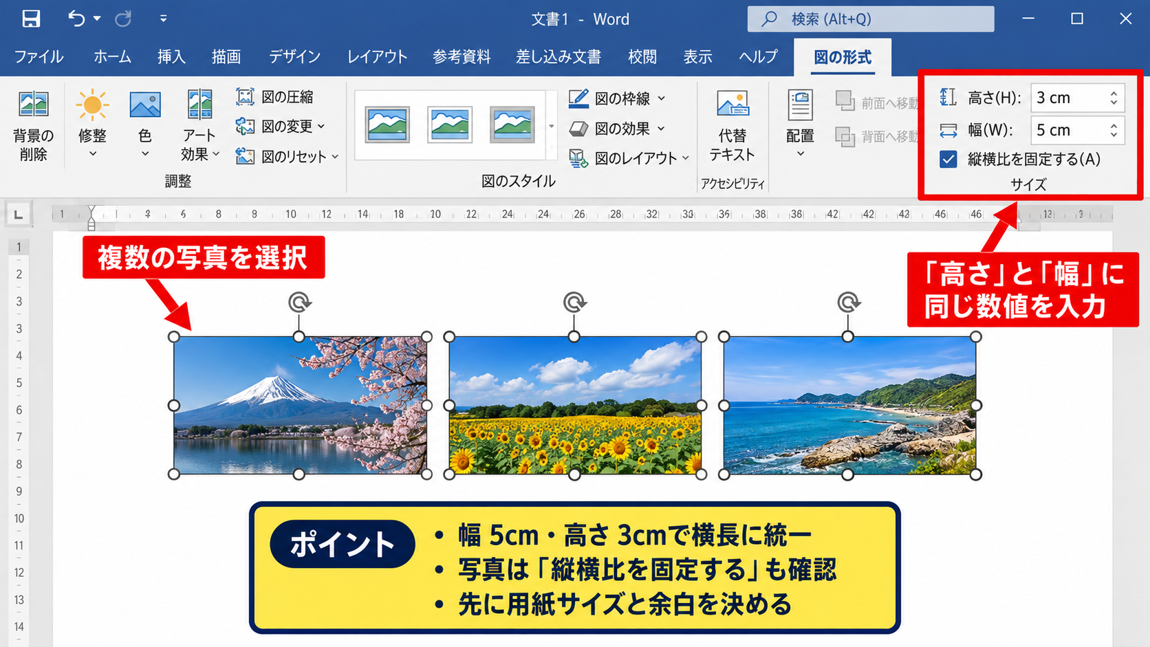 エクセルの画像サイズを統一する方法【複数選択とサイズ入力】 - 図の形式タブで高さと幅を指定する操作