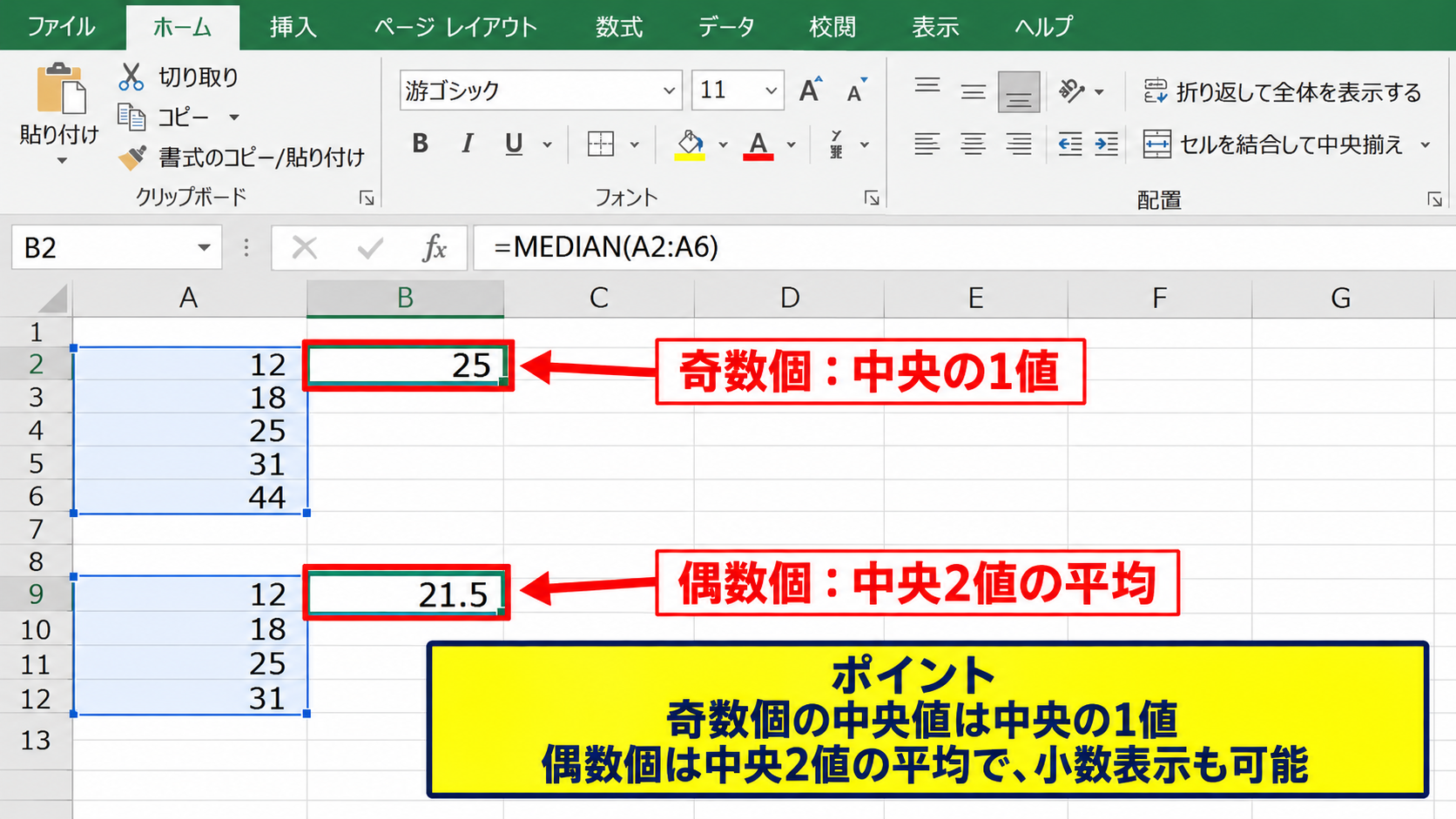 MEDIAN関数で中央値を求める方法 - 奇数個と偶数個で異なる計算結果