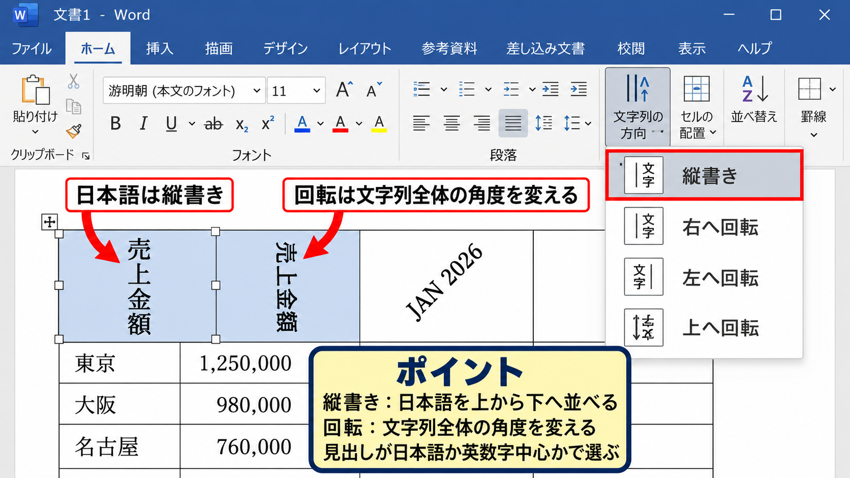 エクセルでセル内の文字方向を縦書きに設定する方法 - 縦書き表示と文字の回転の違い