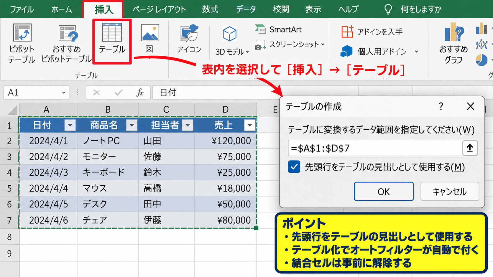 エクセルでオートフィルターを設定する方法 - テーブル機能からフィルターを追加する操作