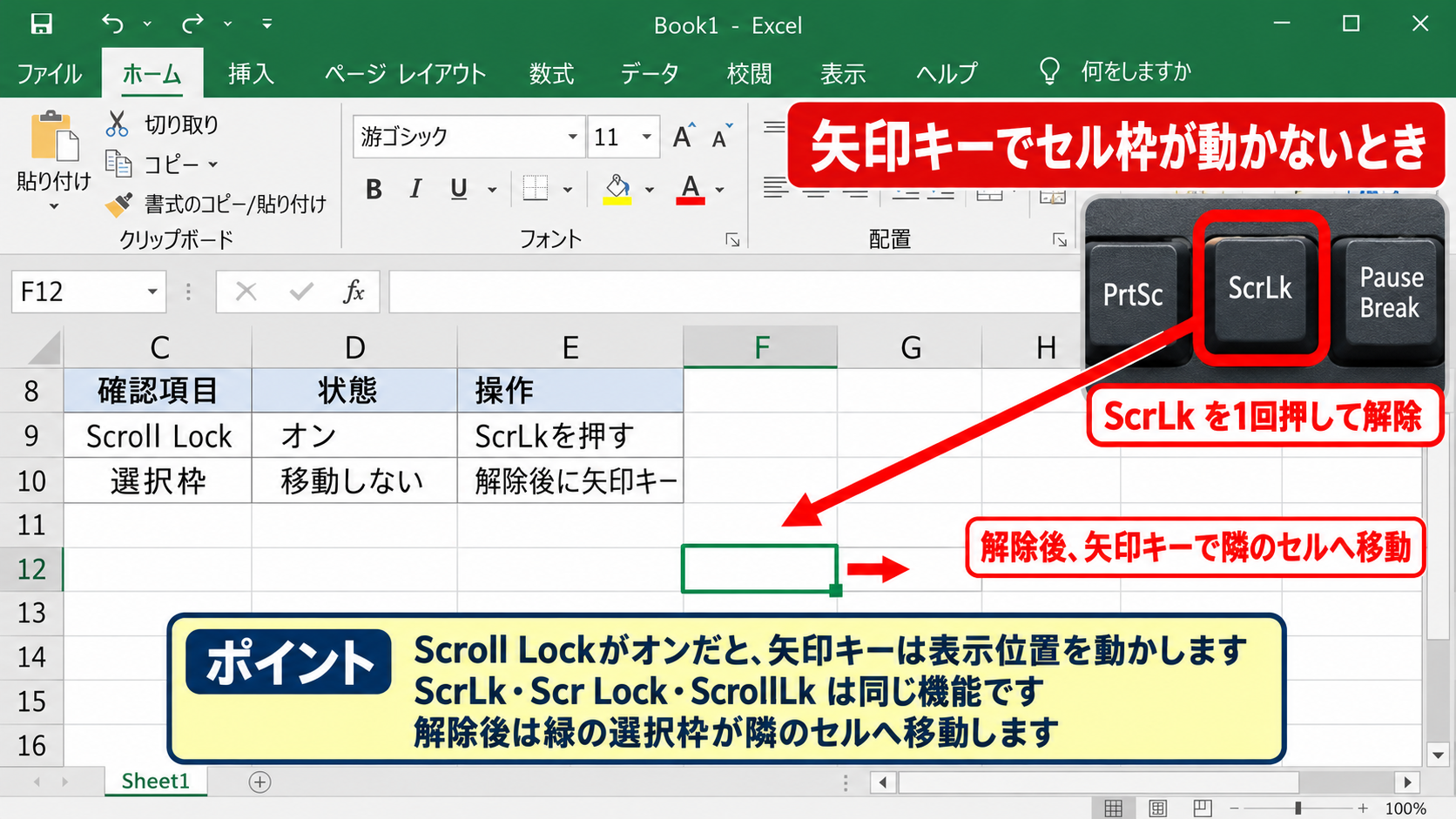 Scroll Lockによるカーソルと画面移動 - Scroll Lockキーの解除